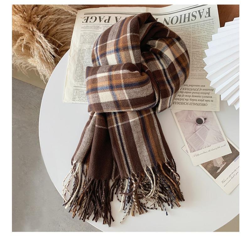 Осенне-зимний клетчатый шарф для женщин, теплая женская шаль с кисточками из искусственного кашемира