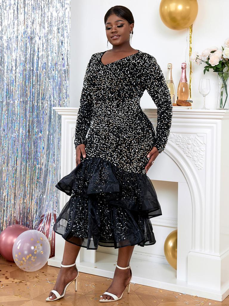 AOMEI Платья «рыбий хвост» для женщин, марлевые, пэчворк, V-образный вырез, длинные рукава, пакет, бедра, блестки, сексуальный запах, клуб, вечерние, модные платья для вечеринок