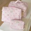 Sweet Pink Ribbon Octagonal Quilted Makeup Bag - Korean Style