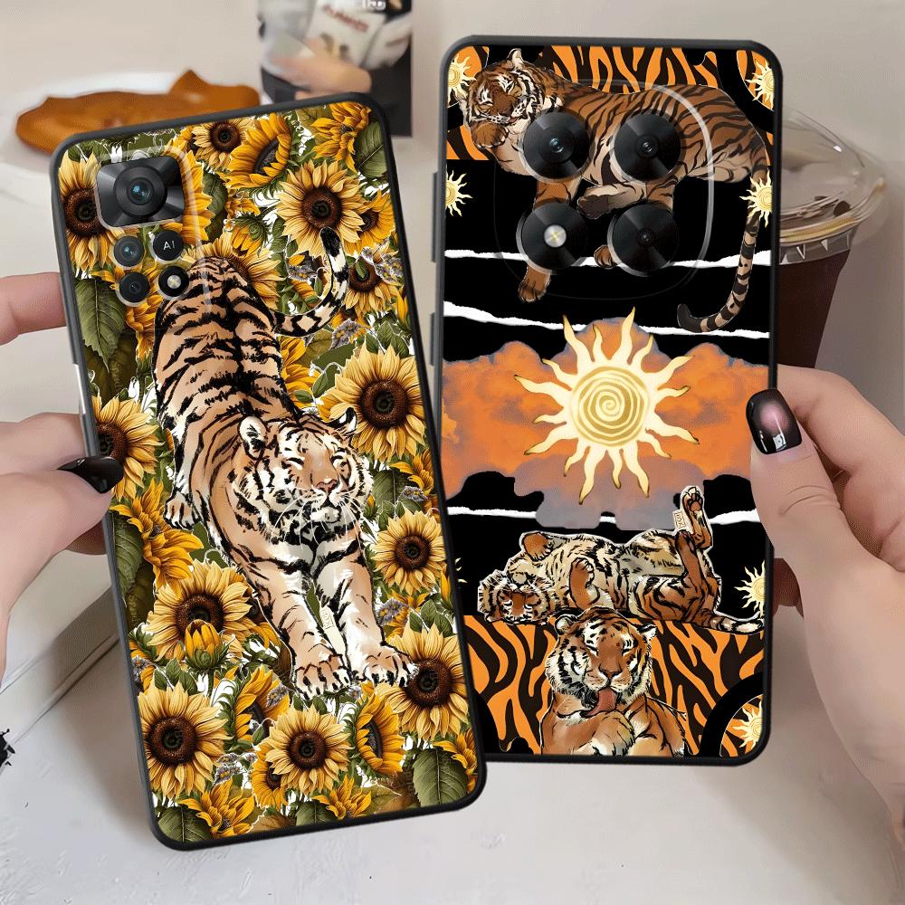 Cartoon Sunflower Tiger Case for Xiaomi Redmi Note 12s 11s 10S 9 10 11 12 Pro 7 8 9S 13 14 Pro Plus Black Soft Phone Cover