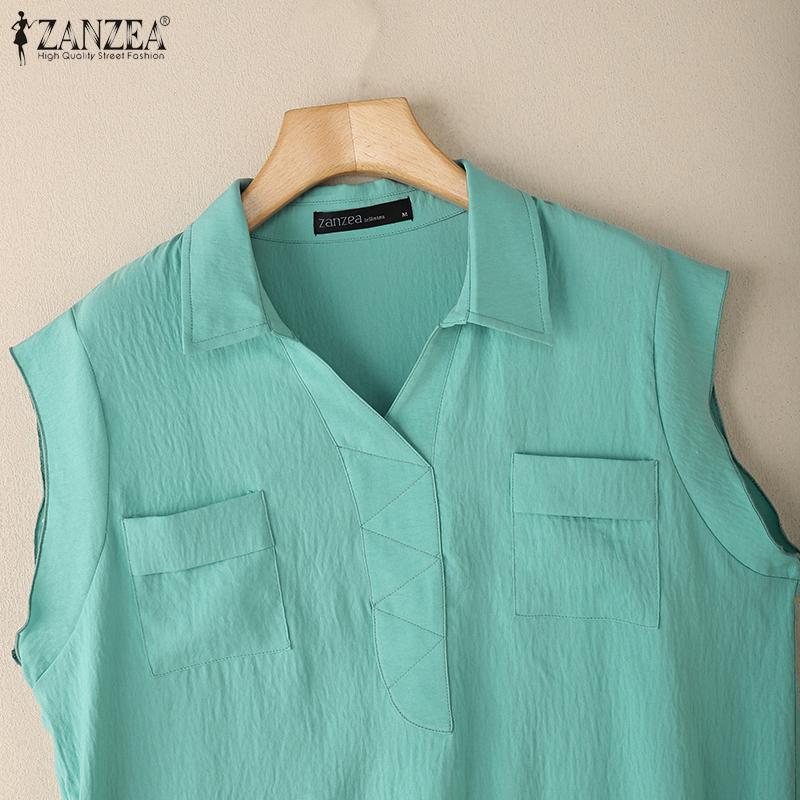 ZANZEA Женская повседневная летняя блузка без рукавов с отложным воротником