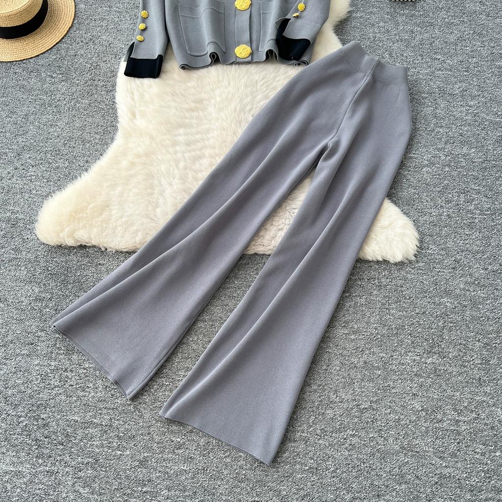 Осень Зима Женский Повседневный Вязаный Свитер Брюки Костюм из Двух Предметов Большая Золотая Пуговица Однобортный Пиджак Топы и Брюки с Эластичной Талией Спортивный Костюм