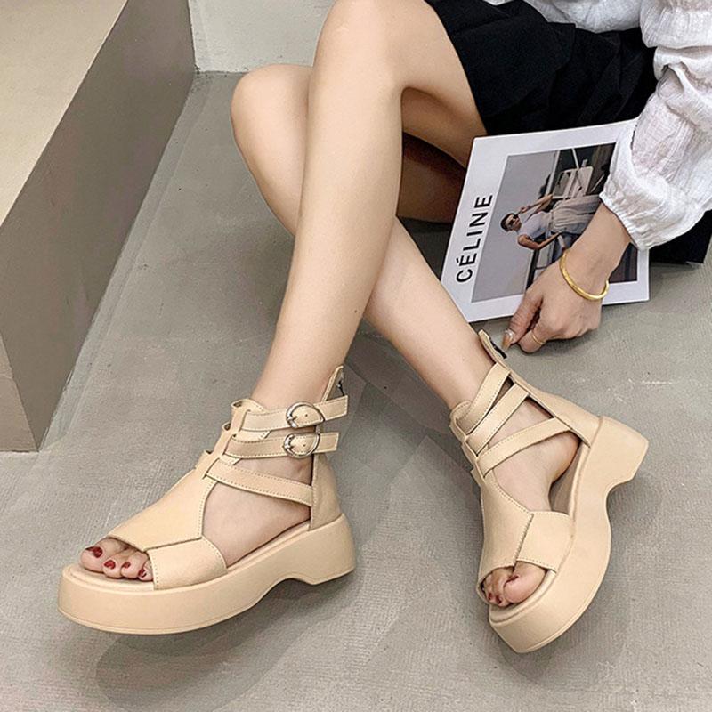 Летние модные римские сандалии для женщин на толстой подошве с пряжкой в виде рыбьего рта и ремешком, высокие классные ботинки, сандалии, сплошная полая обувь