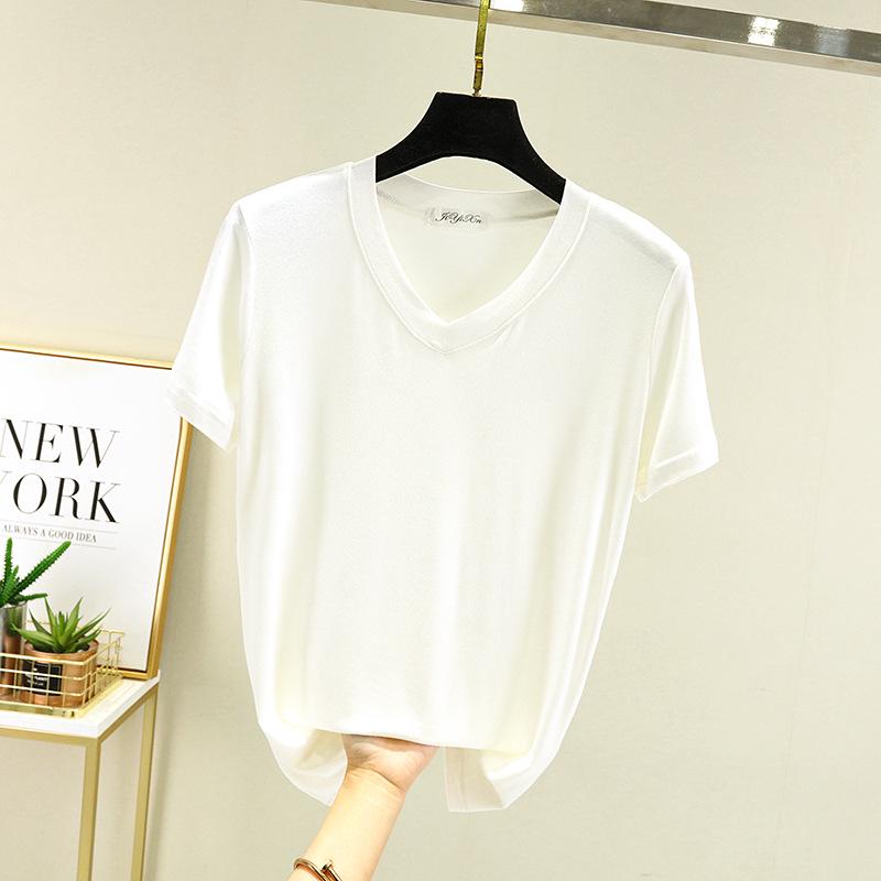 New Summer V-Neck Women's Loose Fit Modal T-Shirt - Solid Color, Short Sleeve Basic Top
