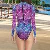 Yousheng Women Monokini Long Sleeve 3D Fish Scale Print Back Zipper Elastic Fabric One-piece Bikini Carnival Costume