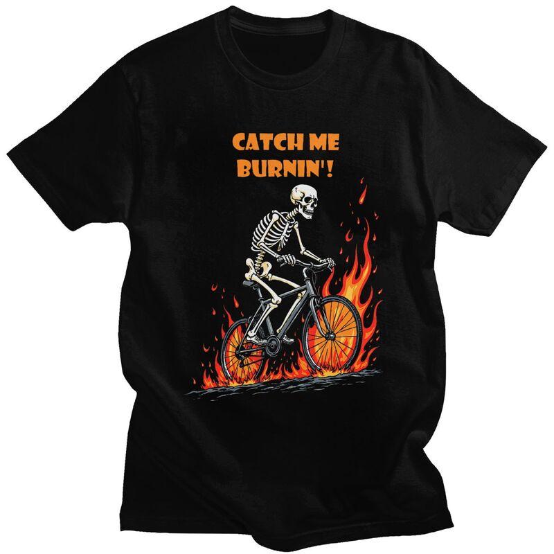 Мужские футболки с принтом 'Catch Me Burnin Bicycle Cyclist Skeleton', 100% хлопок, с коротким рукавом, модные, одежда