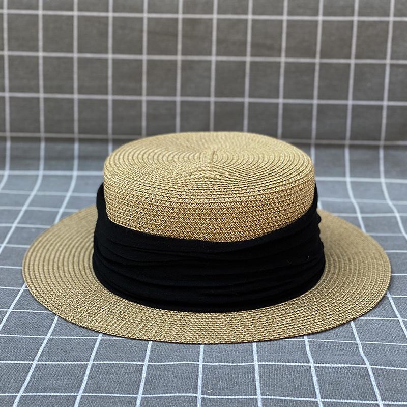 Japanese Simple Imitation Linen Pleated Flat Top Straw Hat Women'S Summer Travel Sunscreen Beach Holiday Hat