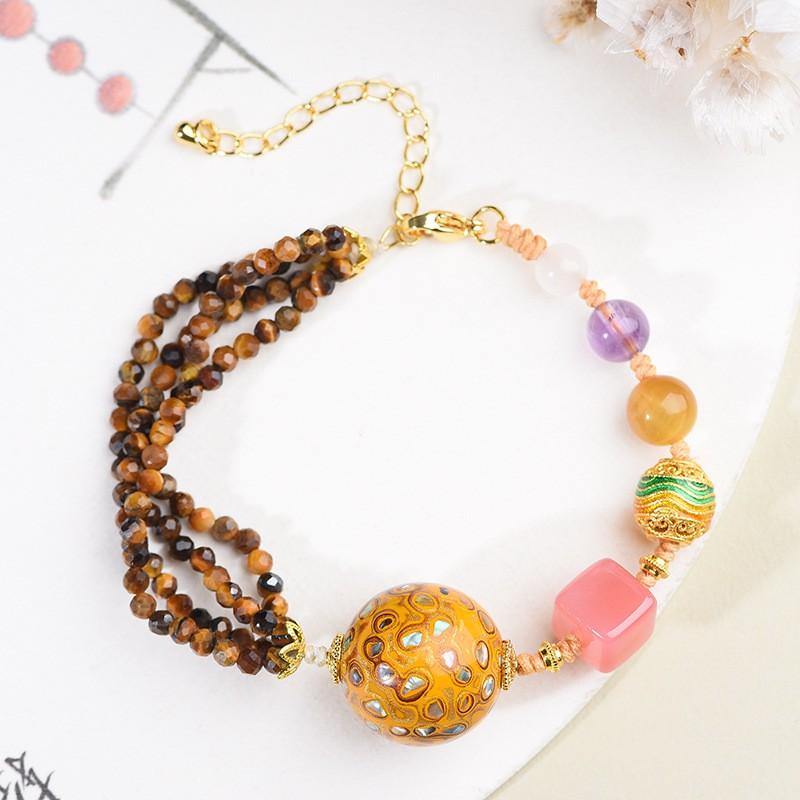New Chinese Style Handwoven Lacquer Bead Bracelet Tiger Eye Stone Vintage Jewelry Women