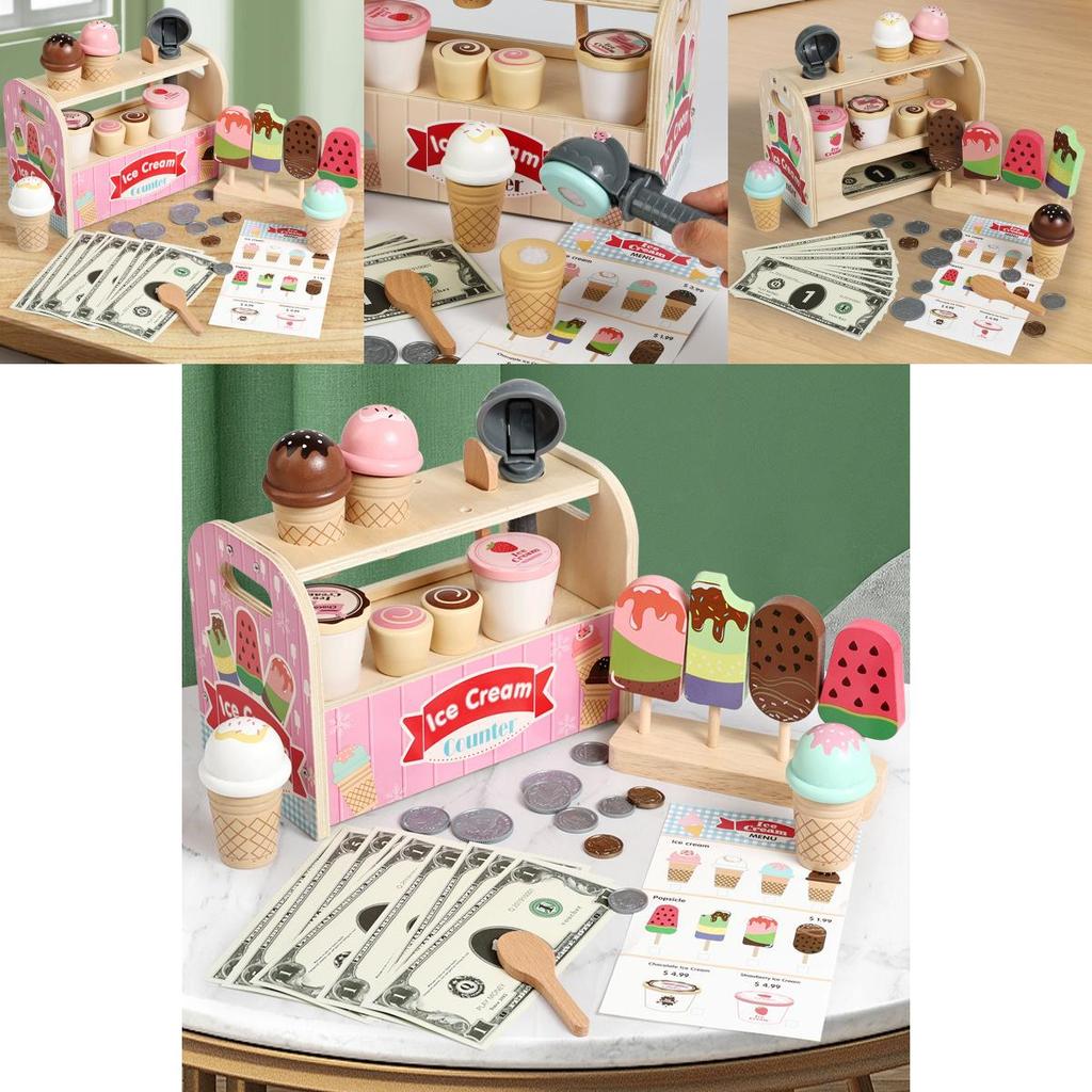 Wooden Simulation Ice Cream Shelf Children Puzzle Interactive Toy For Learning And Creative Play