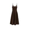 VEROMODA Women's Faux Leather V-Neck Spaghetti Strap A-Line Long Dress