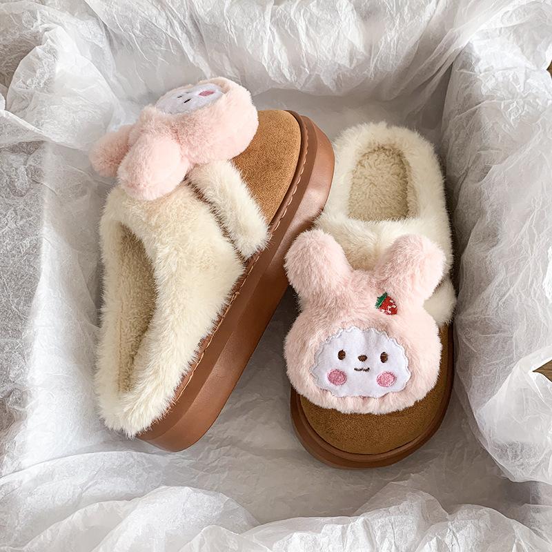 Женские милые мультяшные плюшевые тапочки - Теплые термо хлопковые домашние тапочки на платформе для зимы, Девичьи милые пушистые повседневные комнатные туфли на толстой подошве