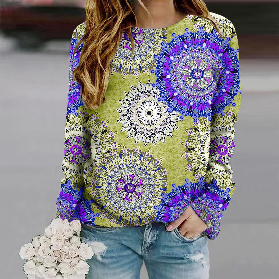 Tops For Women Dopamine Gear Print Round Neck Long Sleeve T-shirt Fall Casual Slim Pullover Women's Long Sleeve Top