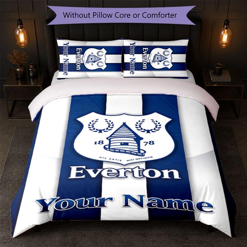 Everton FC Custom Name Text Bedding Set 1 Duvet Cover+2 Pillowcases Soccer Logo Personalized Gift For Special Occasion Bedroom Decor