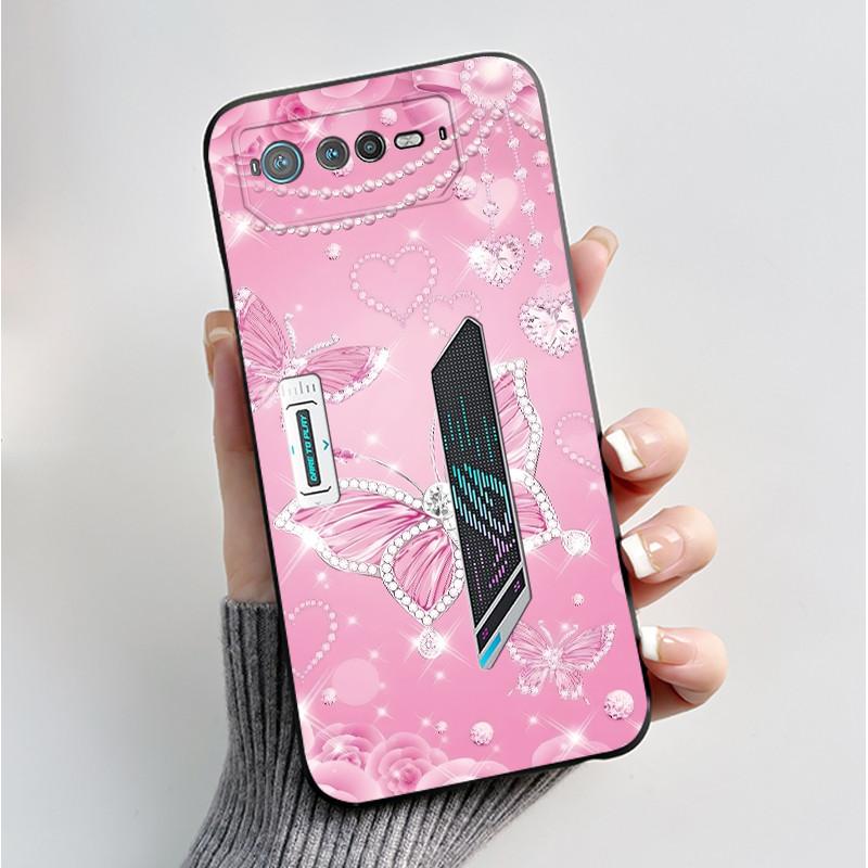 For Asus ROG 6 Case For ROG Phone 6 Pro / 6D Fashion Butterfly Flowers Bumper Soft Black Silicone Cover For Asus ROG6 ROG6D Case