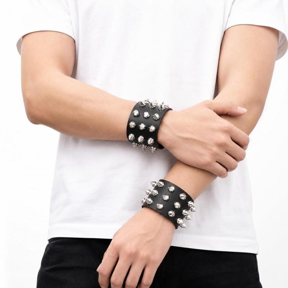 2pcs/set Adjustable Punk Goth Bracelet Wide PU Leather Bangle Leopard Wristband Harajuku