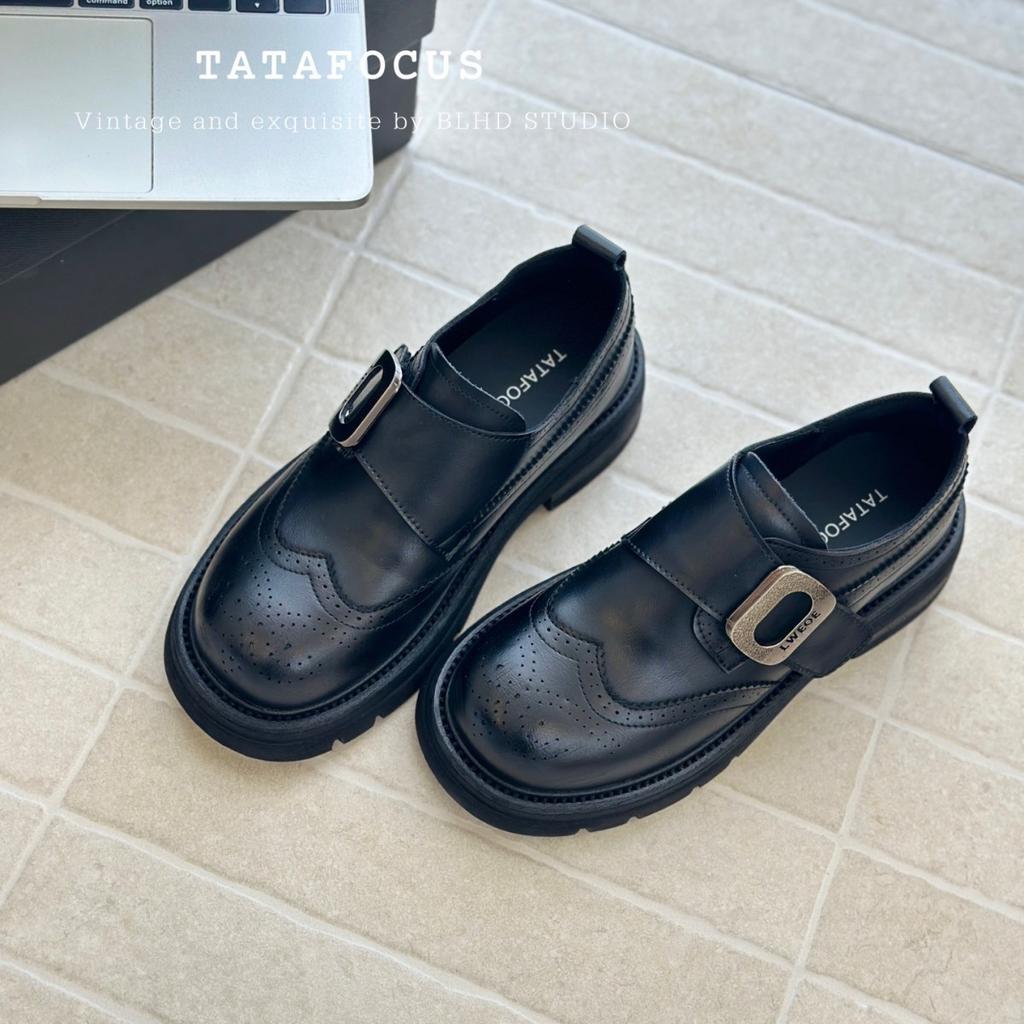 Leather British Style Carved Pollock Leather Shoes Jk Velcro Black Derby Retro Platform Loafer Small Leather Shoes Women
