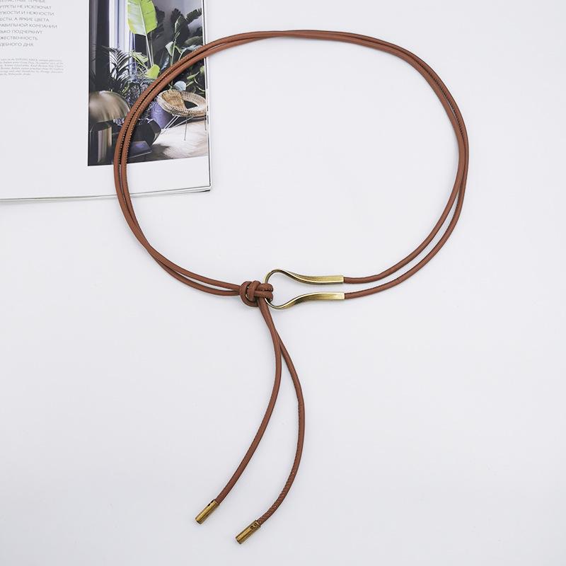 Brown Thin Leather Waist Belt Vintage Smooth Gold Buckle Adjustable for Female Cocktail Party Wear