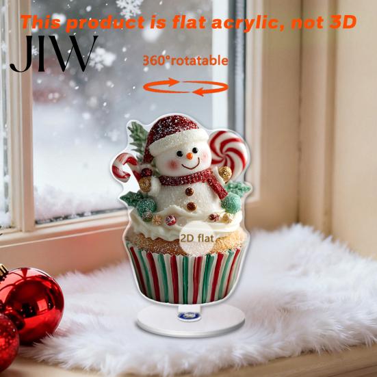 Snowman Cupcake Table Centerpiece Christmas Gingerbread Rotating Acrylic Desktop Ornament, 2D Flat Rotatable Festive Party Ornament Decorative Plaque