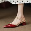 New Women's Rivets Sandals Patent Leather Shoes for Woman Mid Heels Ankle Strap Summer Pointed Toe