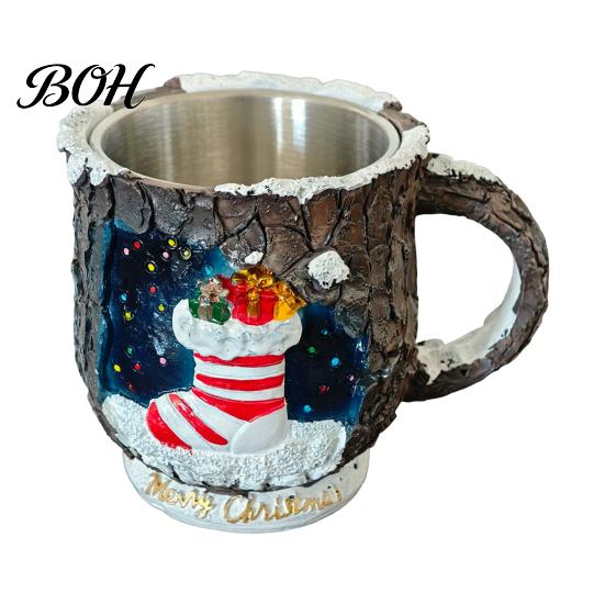 Christmas Party Supplies Theme Mug with Stainless Steel Liner, 3D Relief Hand Decorations Painted Resin Coffee Cup, Decorative Drinkware for