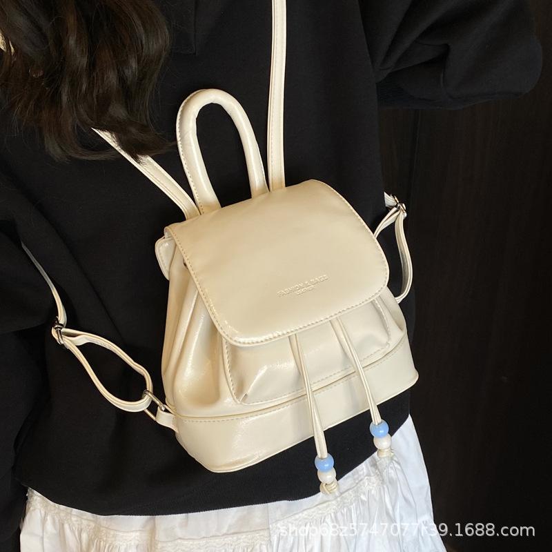 Trendy Korean Simple Backpack 2025 New Drawstring Pleated Women's Bag Going Out Travel Small Backpack