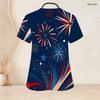 Women Plus Size Keyhole Neck Short Sleeve Printed Nurse Scrub Top Red Blue Star Stripe Pattern With Front Pockets