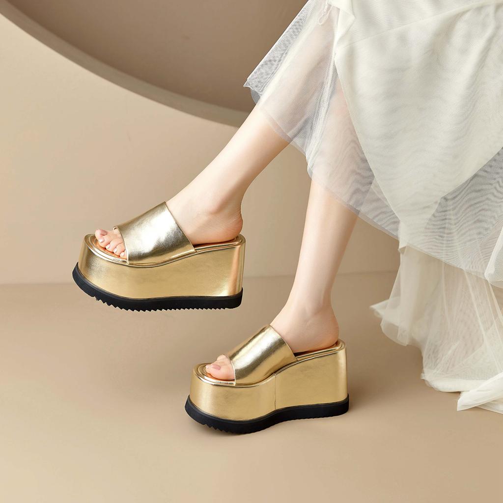 Модные Krazing Pot Натуральная кожа Супервысокие танкетки Повседневные Пляжные Слингбэки Мюли Платформа Летние сандалии Лаконичные Роскошные Уличные тапочки