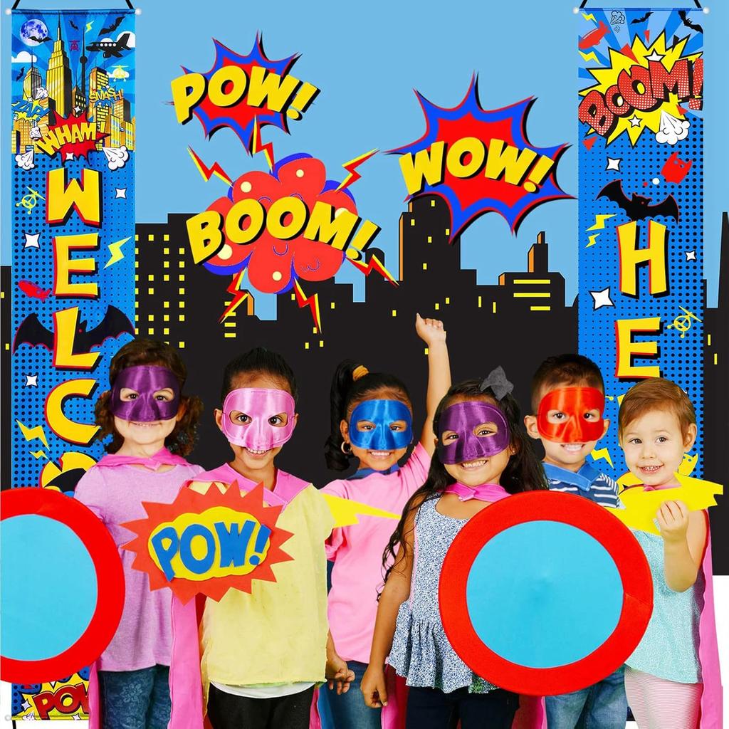 Chinco Store Hero Decorations Backdrop Porch Sign Banners Welcome Hanging Decoration for Super Fun Hero Party Wall Adornment Classroom Door Sign
