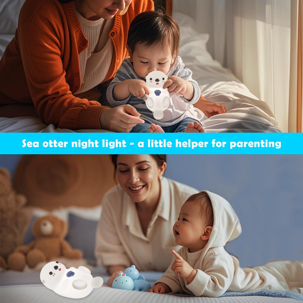 Cute Sea Otter Silicone Night Light Rechargeable LED Bedside Lamp with Touch Sensor 2 Modes Dimmable Brightness For Room Decor