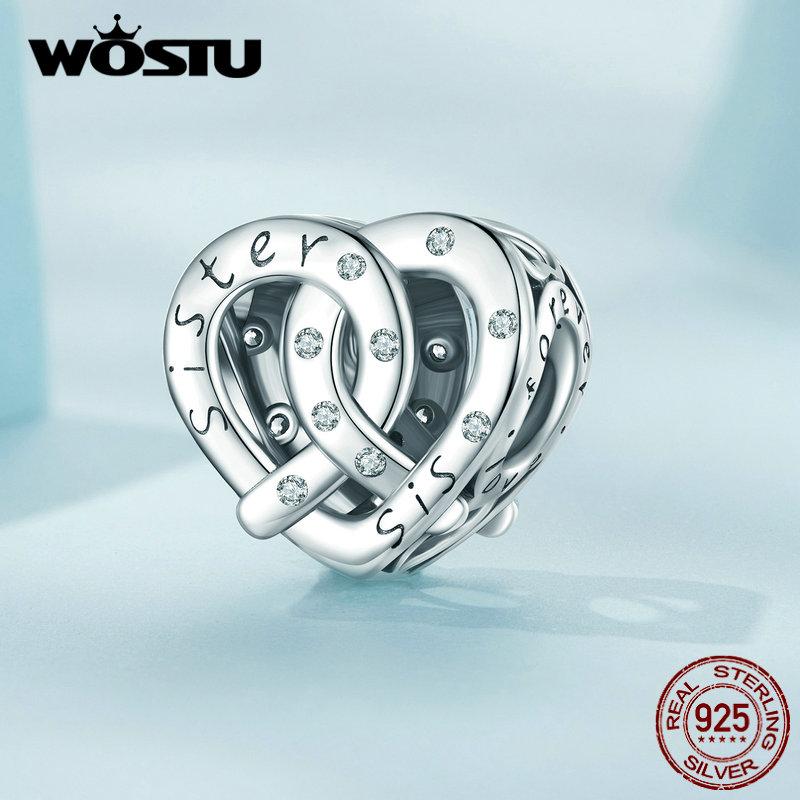 WOSTU 925 Sterling Silver Cubic Zirconia Sister Heart Bead Charms for Women Necklace and Bracelet DIY Jewelry