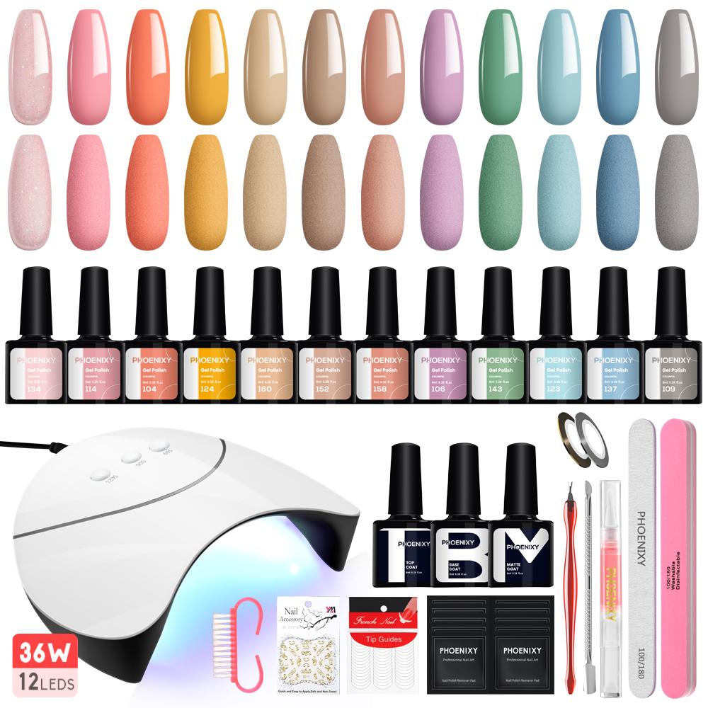 Маникюрный набор PHOENIXY Гель-лак для ногтей Лак для дизайна ногтей Матовый верхний слой с УФ-светодиодной лампой для сушки ногтей 36 Вт Инструменты для ногтей Набор сверл для ногтей Набор для украшения ногтей