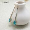 High-end Blue Diamond Droplet Pendant Earrings for Women, Long Tassel Crystal Earrings Simple Light Luxury Zircon Earrings