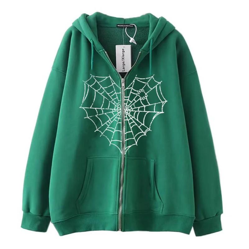 Colorful Spider Web Print Zip Up Hoodie Loose Fit Streetwear Y2K Couple Outerwear