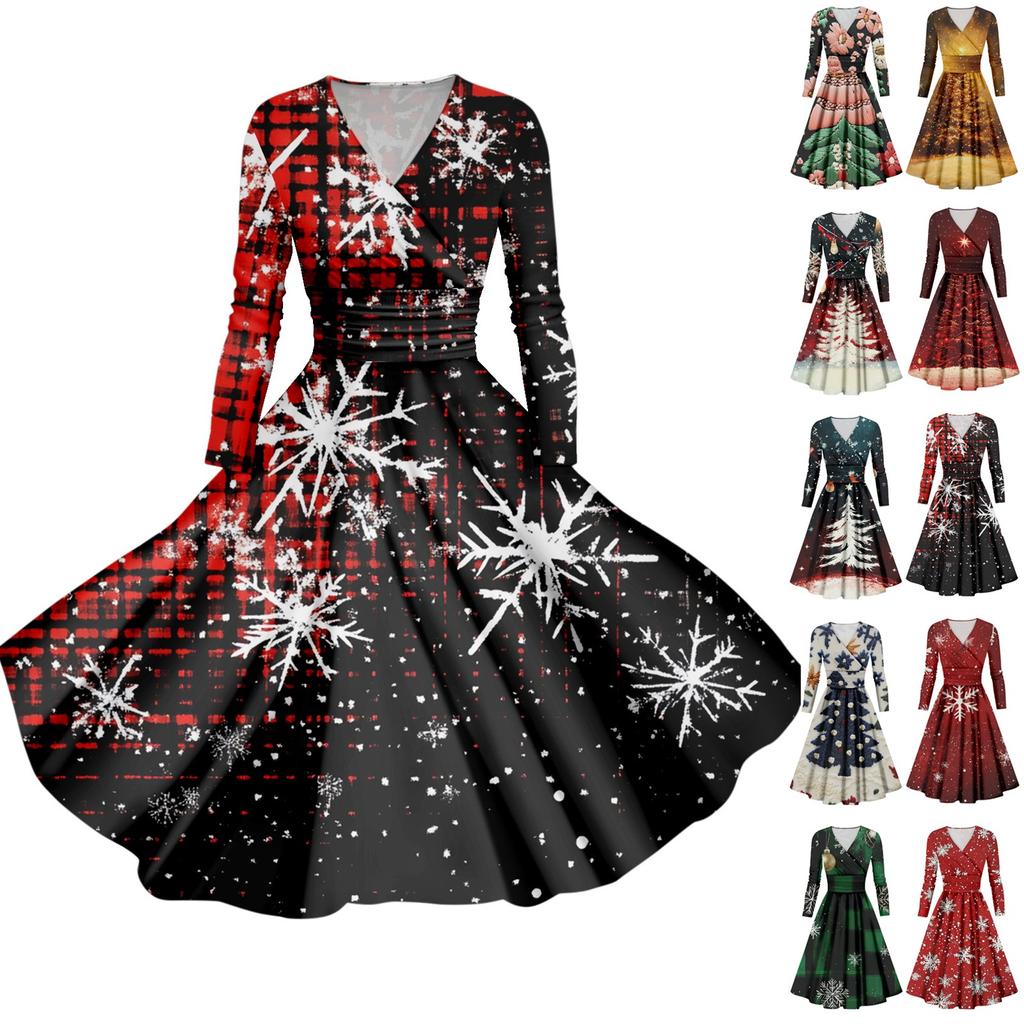 Women's Christmas Tree Snowflake Print V-Neck Slim Fit Long Sleeve Swing Dress