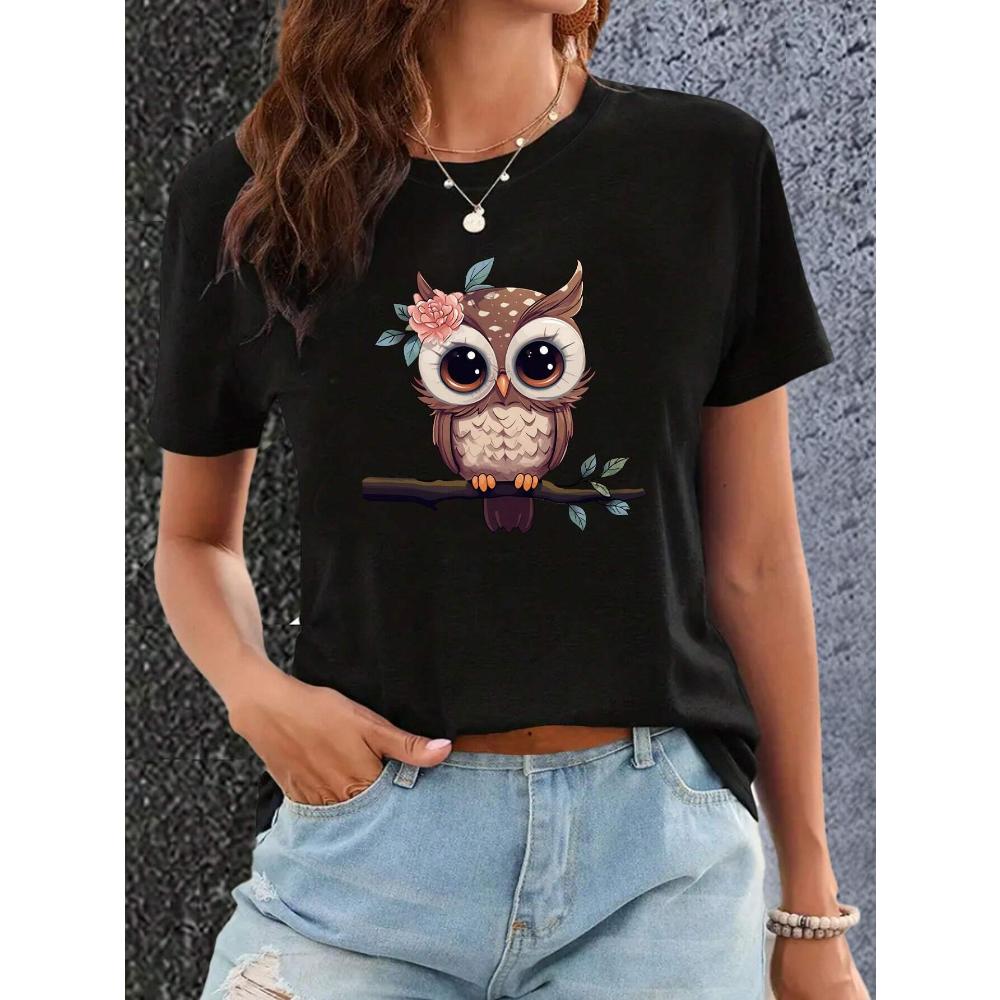 Женская летняя повседневная футболка с круглым вырезом и коротким рукавом с принтом мультяшной совы