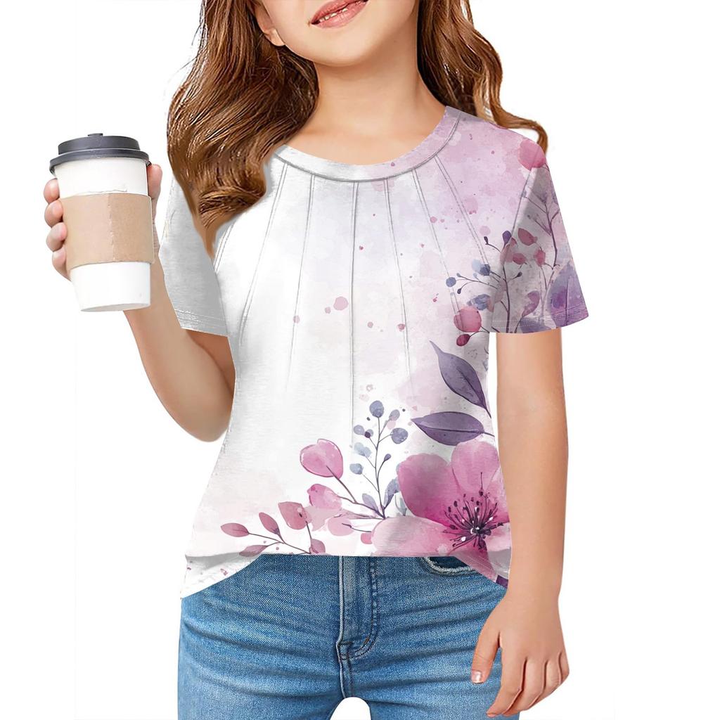 Детская футболка Fold A для девочек, летняя модная куртка с круглым воротником и цветочным принтом с короткими рукавами