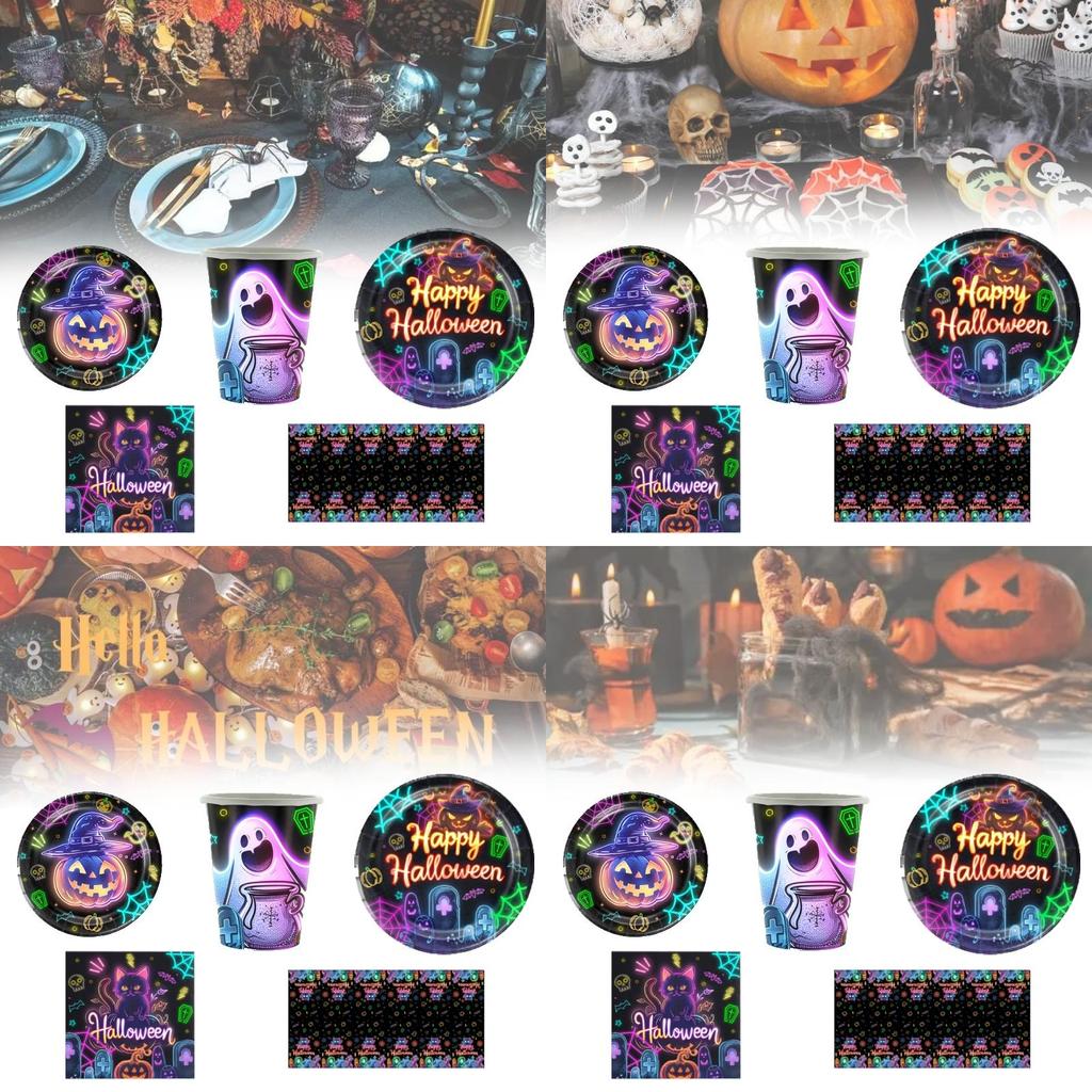Spooky Halloween Themed Disposable Dinnerware Set For 12 Includes Paper Plates Cups Napkins And Table Cover