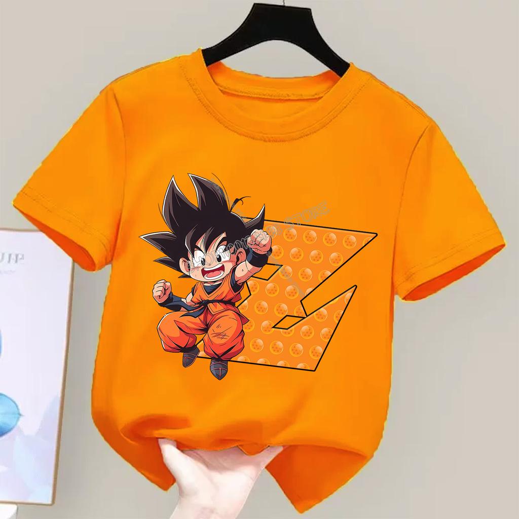Детская футболка Dragon Ball Goku Мультяшная с буквами от A до Z Топ для мальчиков и девочек Оранжевая одежда Новая детская одежда с коротким рукавом Подарок