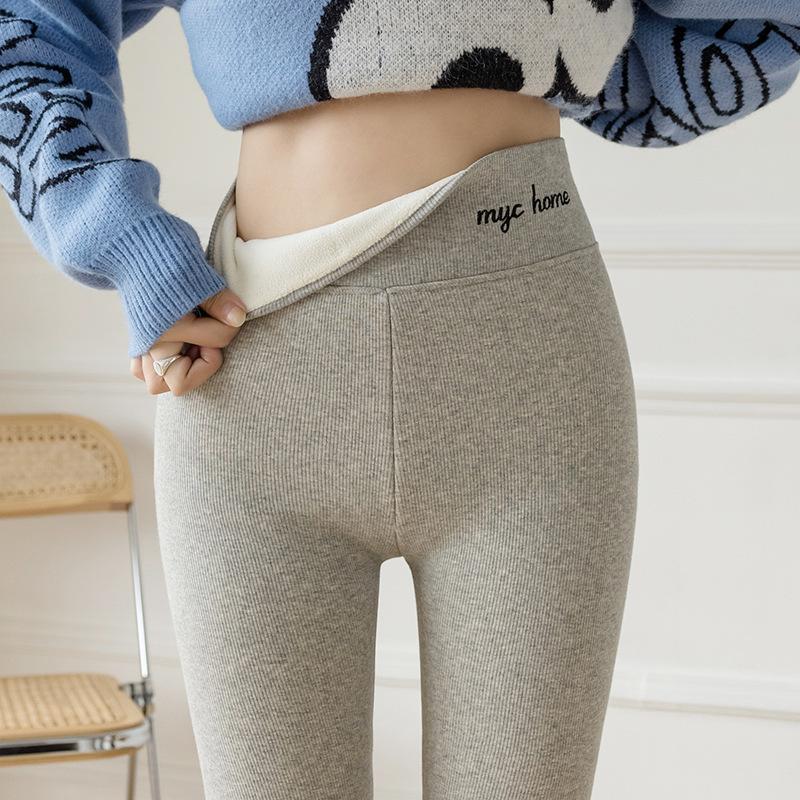 Winter Fleece Lined Leggings Women Tight Ankle Pants Gray Ribbed Slimming Sherpa Thick Warm Cotton Trousers