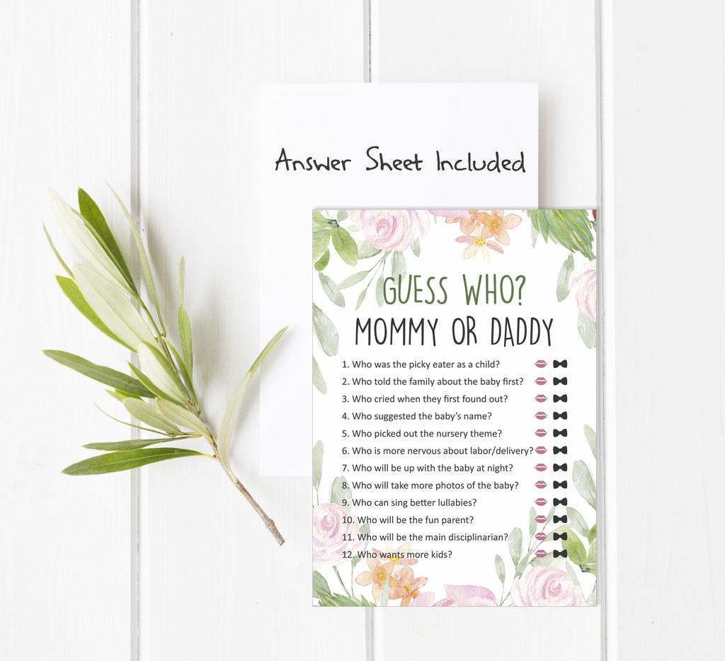 Inkdotpot Игра «Кто сказал это» Мама или папа 50 листов Веселая игра для детского душа Гендерно-нейтральная цветочная вечеринка-7407