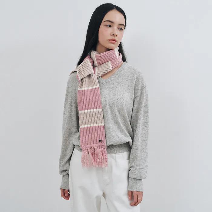 Striped Ribbed Wool Knit Scarf MDAC055_3 Colors