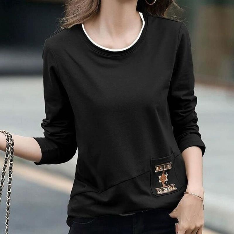 2025 Embroidered Pocket Long Sleeve T-shirt Women's Autumn Large Size Women's Splicing Bottom Shirt Top Trendy