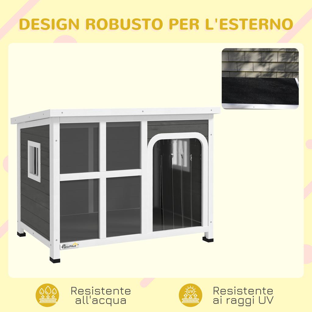 Wooden Outdoor Dog House with Asphalt Openable Top, Removable Floor, Clear Front Panel, Curtain, Light Grey
