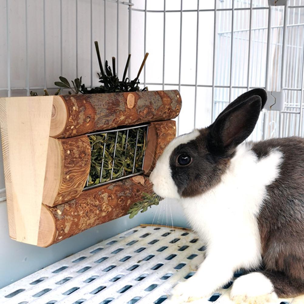 Rabbit Natural Wooden Grass Shelf 304 Stainless Steel Net Hay Dispenser Hanging Hay Feeder For Guinea Pig