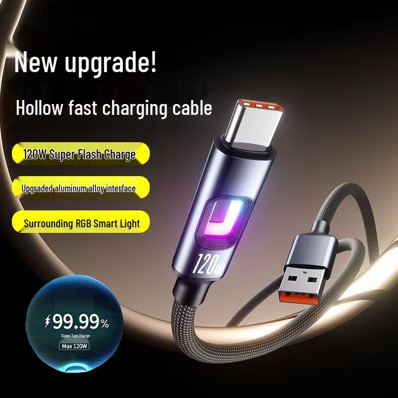 RGB Светящийся 120 Вт Быстрая Зарядка USB-C Кабель для Apple 15/16 и Huawei, 6A.