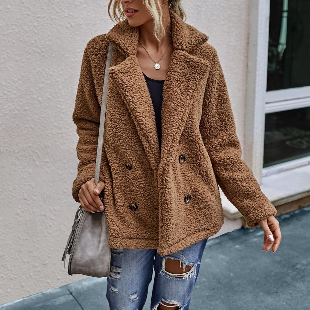 Женская куртка с длинными рукавами, зимнее плюшевое пальто с лацканами и двойной пуговицей