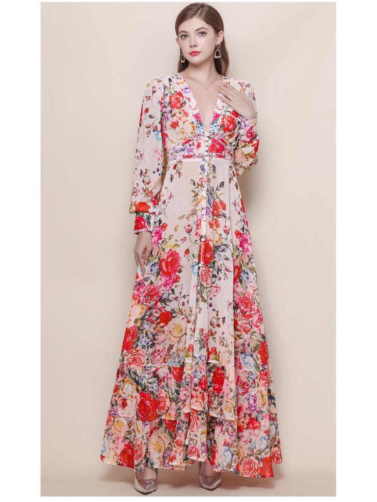 Women's Retro Court Style V-neck Dress with Lace-up Waist, Lantern Sleeves, Floral Print, and Large Hem - 2026 Collection