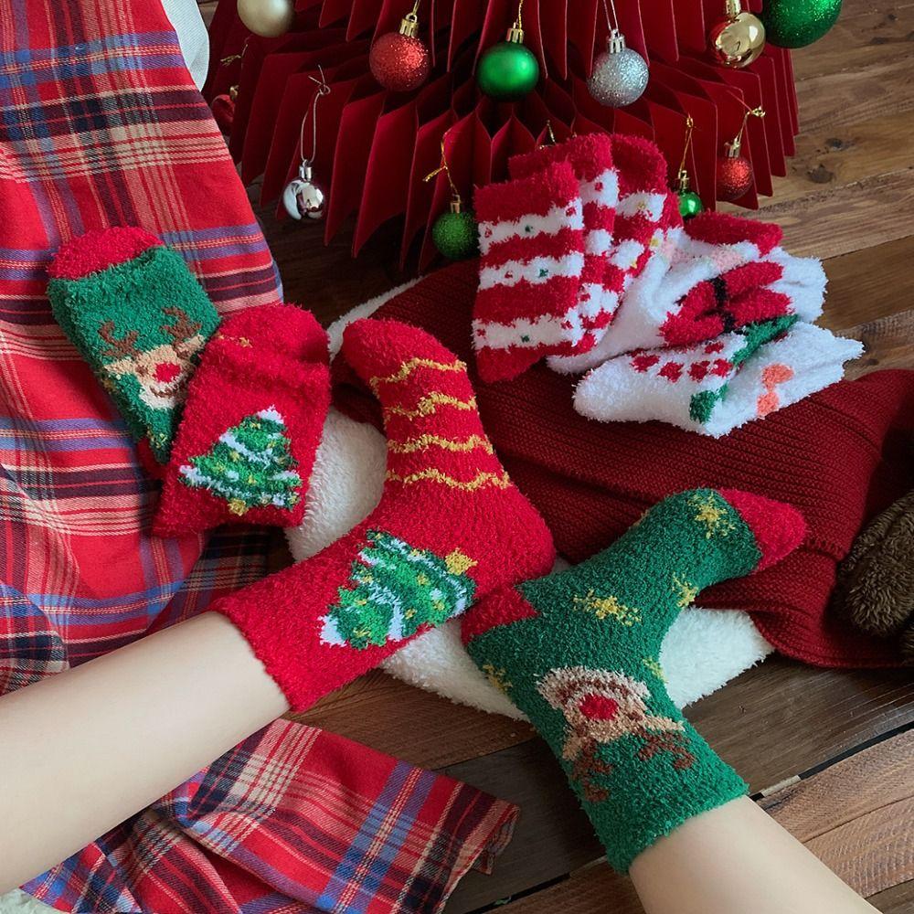 5Pairs Plush Christmas Fleece Socks Cartoon Winter Floor Socks Soft Sleeping Socks Women  Women