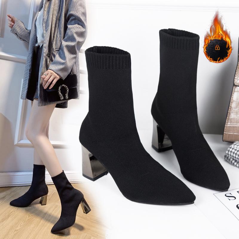Fashion 2024 Spring and Autumn New Pointed Socks, Thin Boots, Breathable Flying Woven High Heels, Solid Color All-match Women's Boots