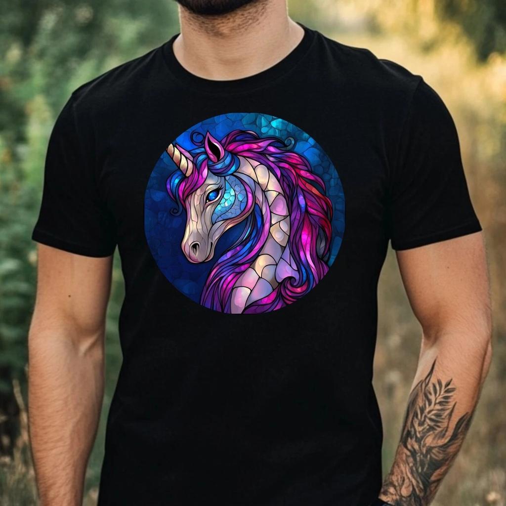 T-Shirt Herren Einhorn Buntglas Motiv Baumwolle Größe XS bis 5XL